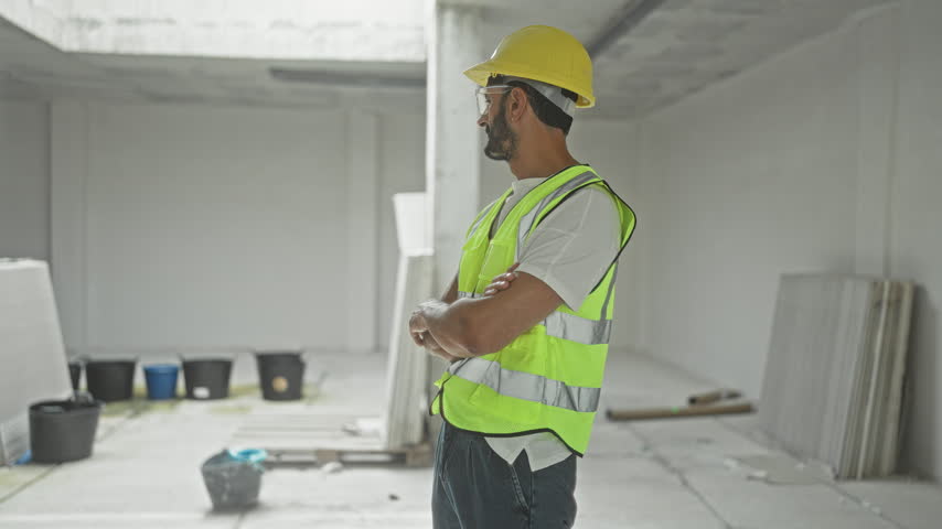 Man wearing hardhat, safety glasses and reflective vest stands with arms crossed in a building; confidence professionalism.