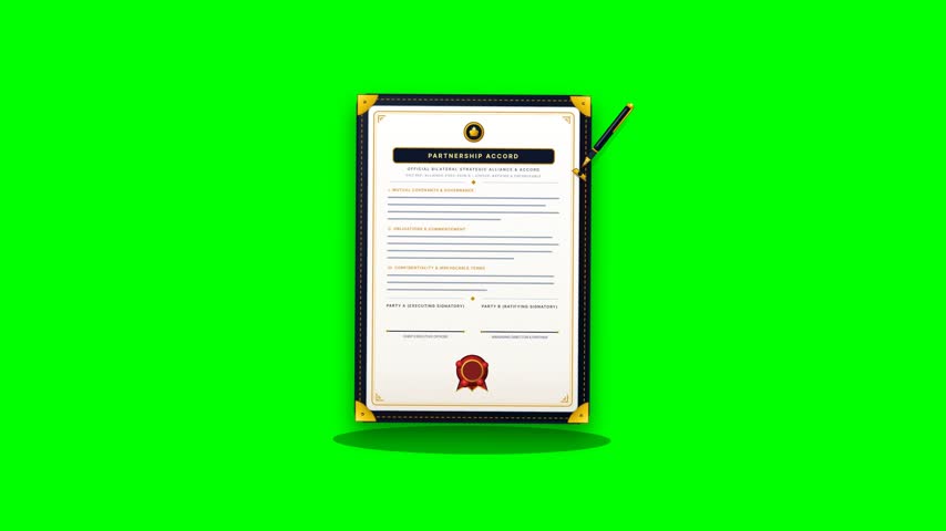 "2D motion graphic animation of a formal business partnership agreement being signed with a pen on a green background."