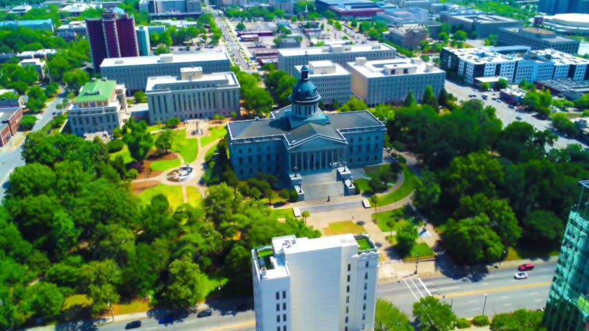 Tilt shift version of drone clip of Columbia South Carolina capitol building
