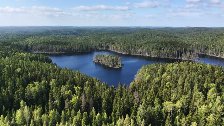 Aerial view of Isojärvi National Park with dense forests and blue waters, Finland.