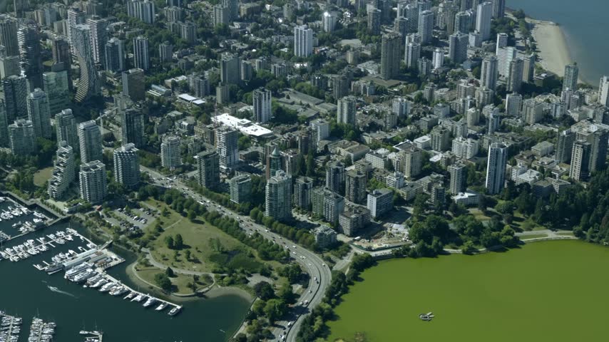 Stanley Park And The West End Neighborhood In Downtown Vancouver, British Columbia, Canada - aerial shot