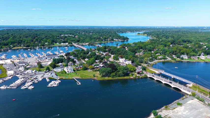 Panoramic aerial view of Barrington Tyler Point with yacht club on the left, and Warren Tourister Mill complex on the right, Rhode Island RI, USA. 