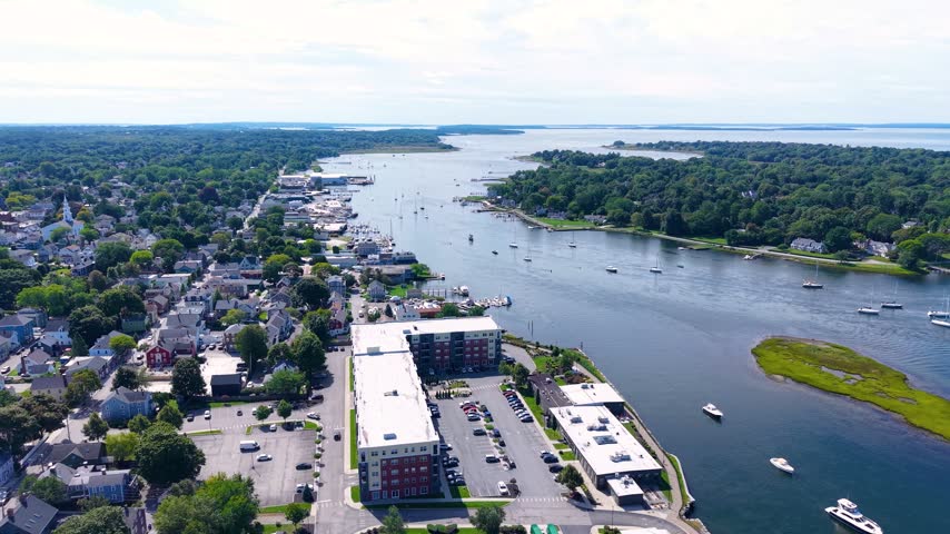 Panoramic aerial view of Barrington Tyler Point with yacht club on the left, and Warren Tourister Mill complex on the right, Rhode Island RI, USA. 