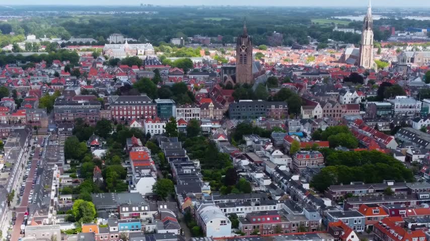 Aerial view above the old town  of the city Delft in the netherlands, on a cloudy  day in spring