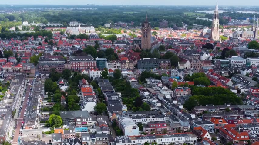 Aerial view above the old town  of the city Delft in the netherlands, on a cloudy  day in spring