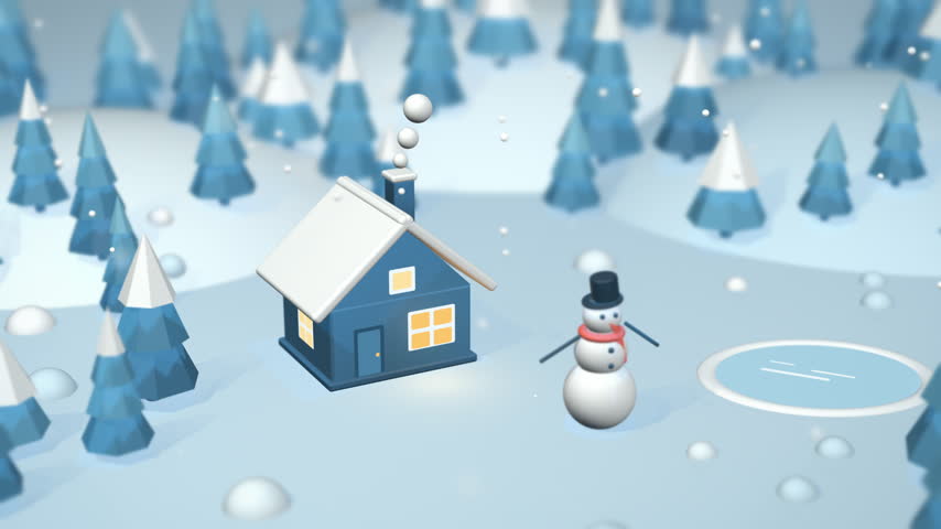 Snow falls on a miniature cabin with glowing windows, a snowman and a frozen pond among icy blue pine trees in a seamless looping 3D scene.