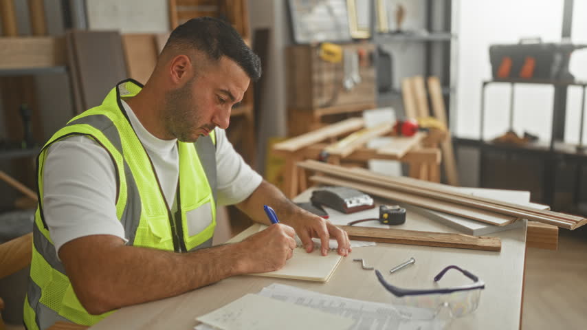 Man writing notes with pen, hand on notebook at a workbench surrounded by wood planks, tape measure and safety goggles in a carpentry studio; concentration planning.