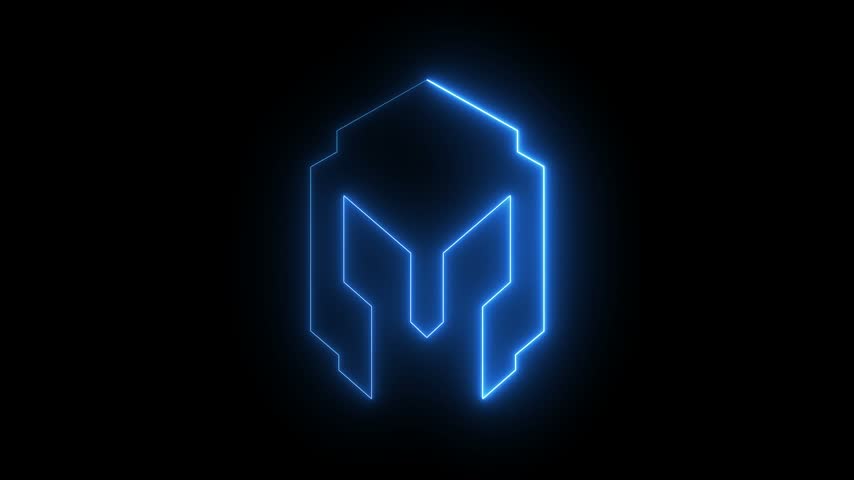 Glowing neon warrior helmet icon animation on black background. warrior helmet icon. Antique helmet for warrior head protection.