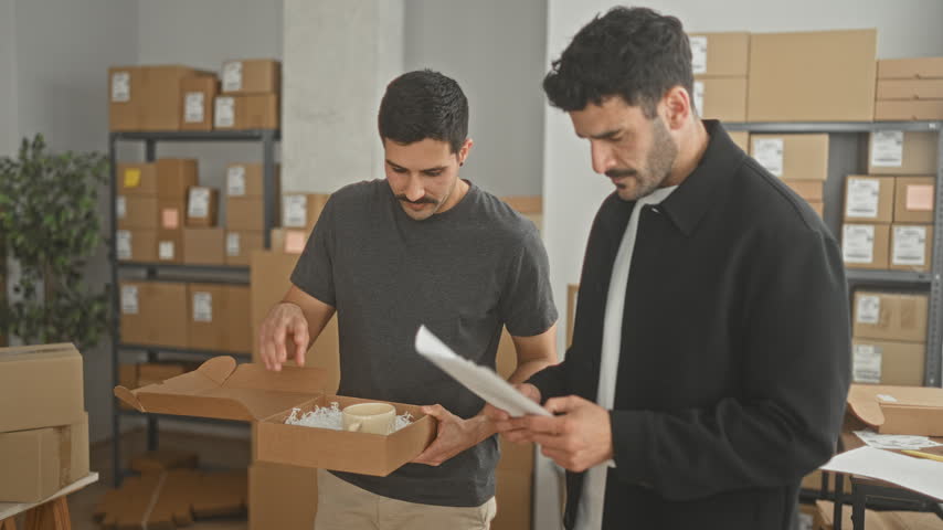 Two hispanic men inspect a mug and pack a cardboard box, one points at a paper while checking inventory in a building; collaboration.