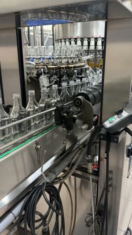 Bottling process at the distillery showing bottles moving on the assembly line