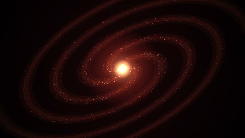 This astronomical render displays a luminous spiral galaxy featuring a brilliant central core surrounded by swirling arms of stars and