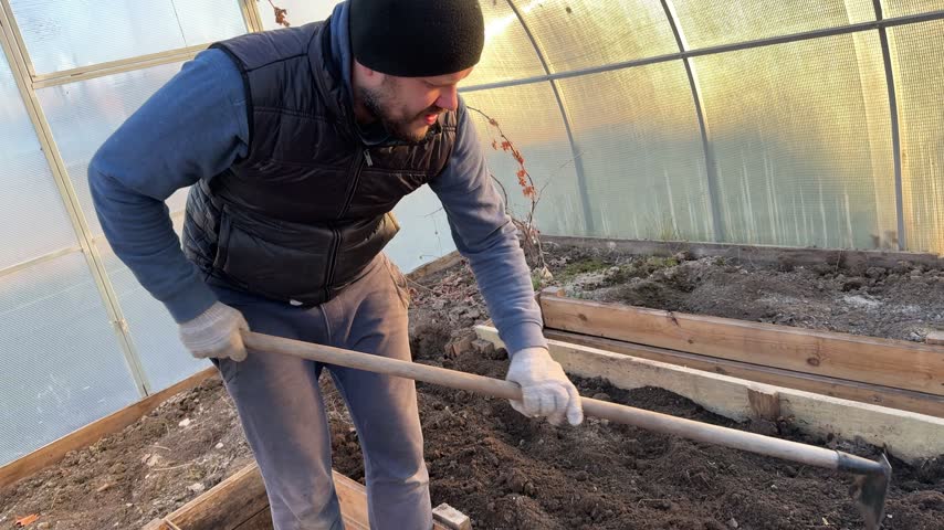 Bearded man tilling soil with manual metal spade tool inside a backyard greenhouse building on a sunny evening during spring countryside farming.