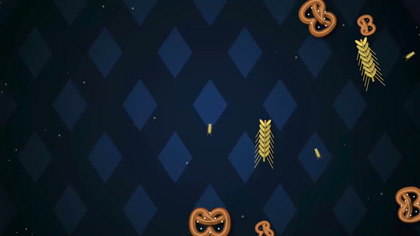Oktoberfest beer festival animation featuring frothy malt beverage mugs and traditional salty pretzel snacks with wheat ear icons on a blue backdrop for celebratory tavern drink promotion media