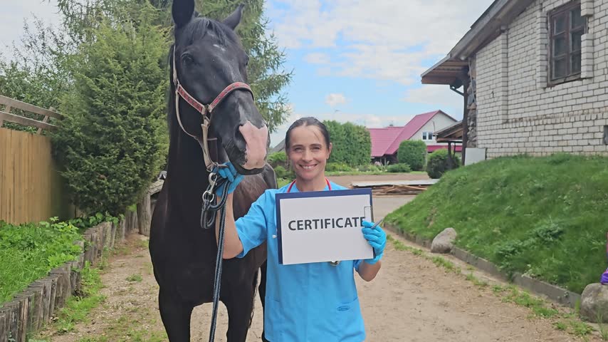 A person stands next to a horse holding a certificate in a farm area. The background shows buildings and greenery under a clear sky.