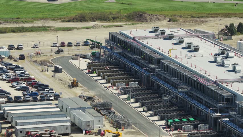 Drone aerial establishing view of large white data center construction being built in central Ohio by Springfield, OH near countryside rural country landscape of tech data building for AI hardware 4k