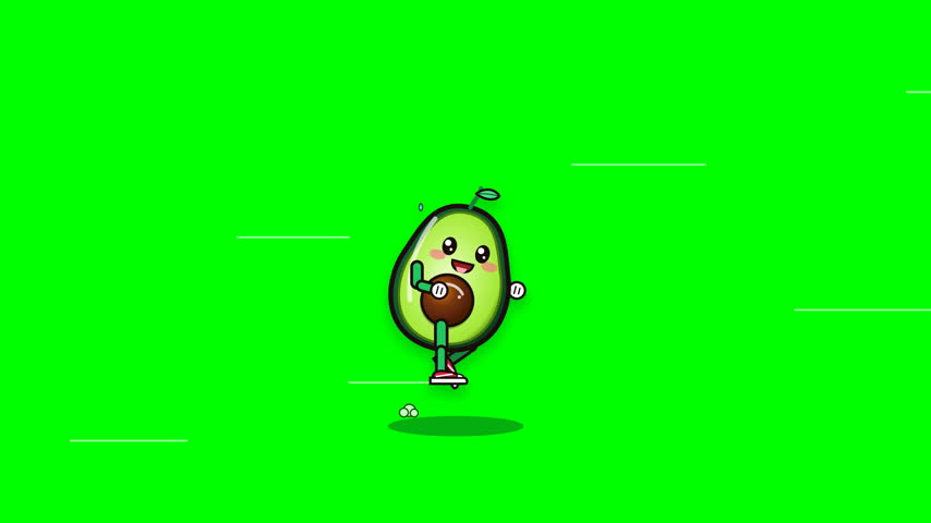 A charming animated avocado character is depicted in motion, running with a small ball. The background is a vibrant green screen, ideal for easy compositing and customization in video editing.