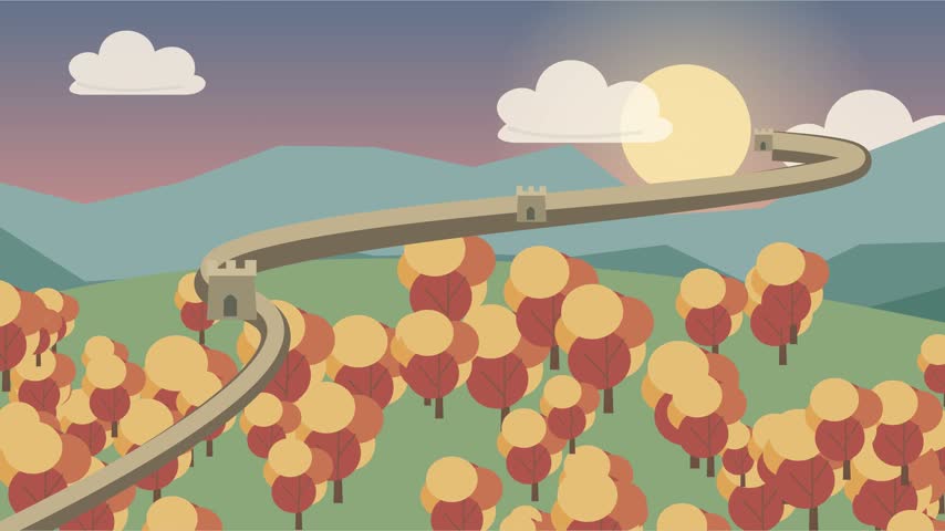 Mountain landscape inspired by the Great Wall of China at an autumn sunrise