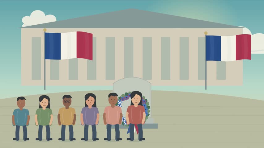 French civic ceremony with flags and a public gathering in a town square