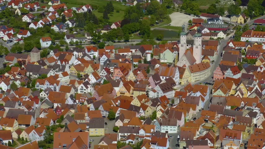 Aerial view of the old town of the city Wemding in Germany Bavaria , on a sunny noon in spring.
