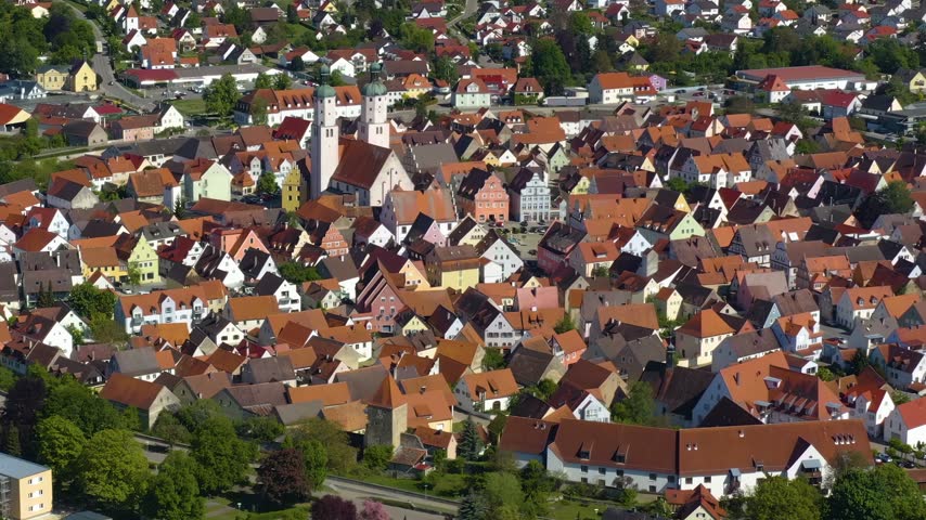  Aerial view of the old town of the city Wemding in Germany Bavaria , on a sunny noon in spring.
