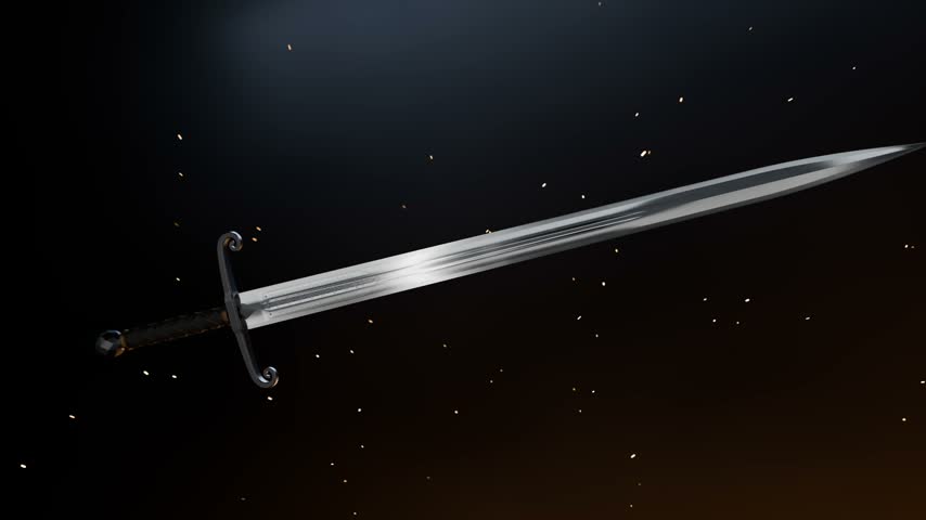 A medieval sword with a steel blade moves through a dark, fiery environment with sparks.Looped animation