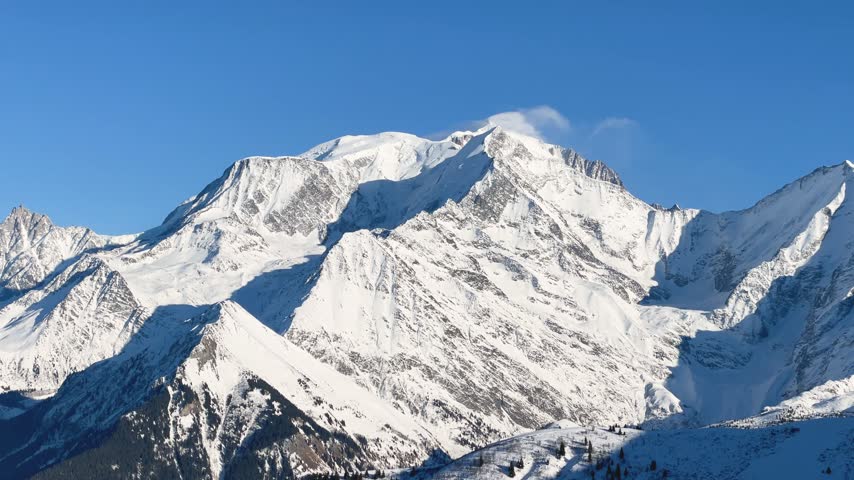 Wide daytime view of the snow-covered Mont Blanc Massif in the French Alps, with rugged mountain peaks and clear blue sky. The landscape features dramatic alpine terrain, deep valleys, and forested