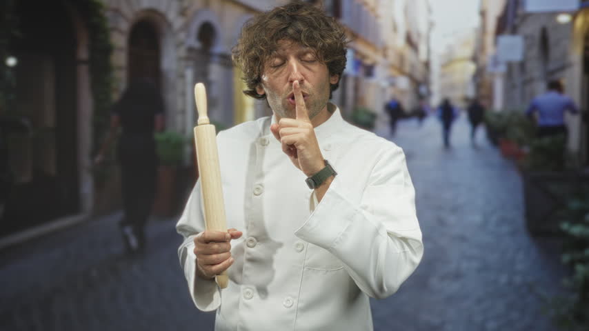 Man chef in white uniform holds a rolling pin and places finger to lips for silence on a narrow cobblestone street with blurred passersby; playful secrecy.