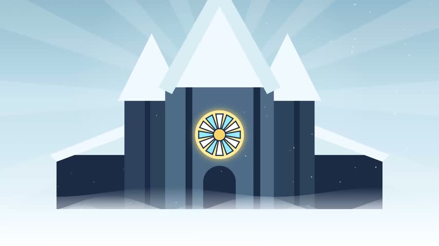 Winter castle vector animation featuring a glowing stained glass window and falling snow flakes