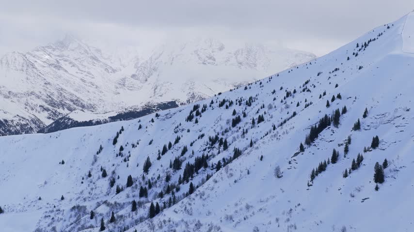 Wide aerial panoramic footage of the French Alps in winter, showing snow-covered mountains, forested slopes, and open alpine terrain. The scene includes rolling snowy hills, scattered evergreen trees