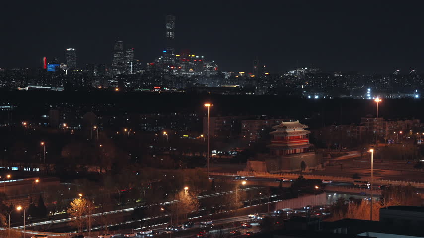 Beijing, China Ancient Gate Tower and CBD Night View, Yongdingmen