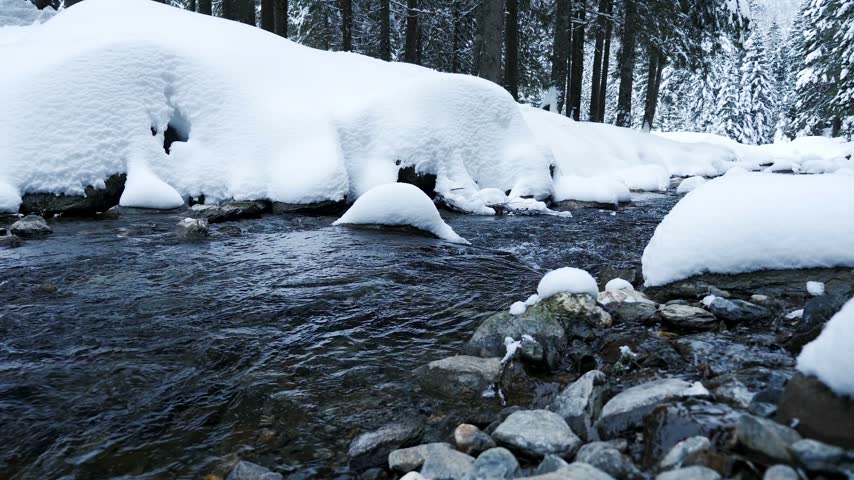 Winter landscape with flowing creek and snow covered riverbanks