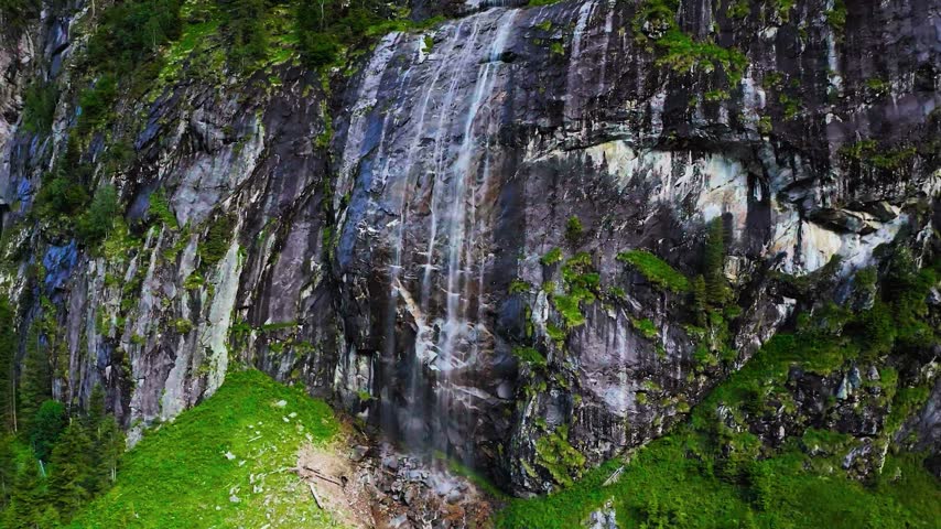 Gushing water rushes down a rugged alpine slope surrounded by dense evergreen trees.