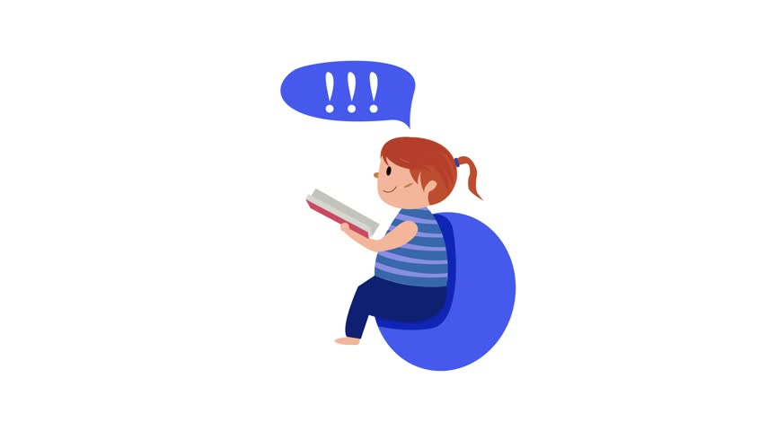 An animated young girl reading a book with a speech bubble containing exclamation marks against a white background.