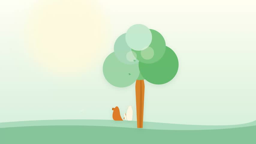 Minimalist vector landscape animation featuring two cute pets sitting under a geometric green tree on rolling hills during a calm sunny day video motion footage