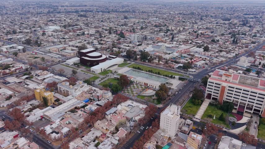 Aerial view of Teatro del Bicentenario and Plaza del Bicentenario in urban San Juan