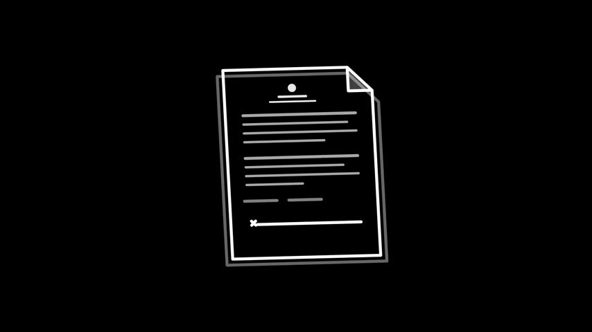 An animated line drawing of a fountain pen signing a contract, featuring a seal appearing, on a clean black background. Perfect for business concepts.