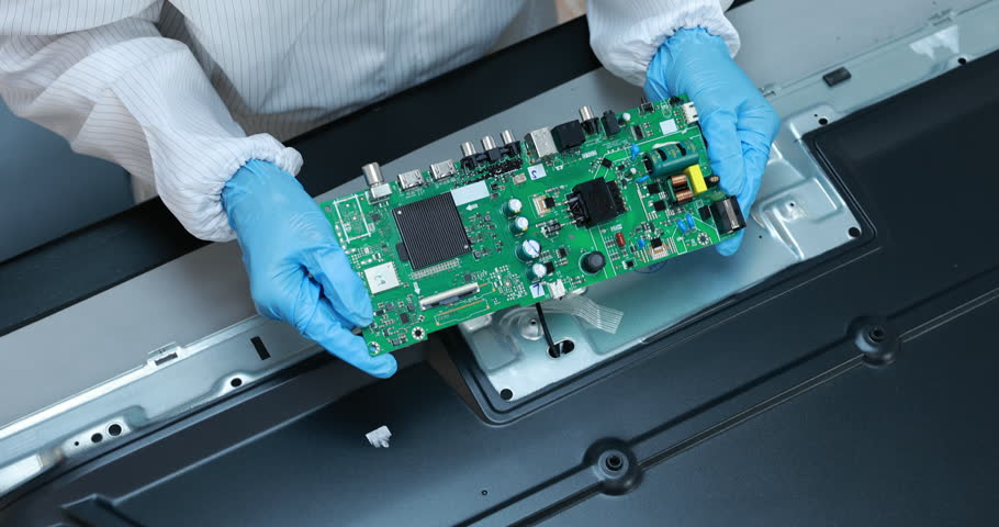 Technician wearing blue gloves holds a green circuit board while repairing the inside of a flat screen television.