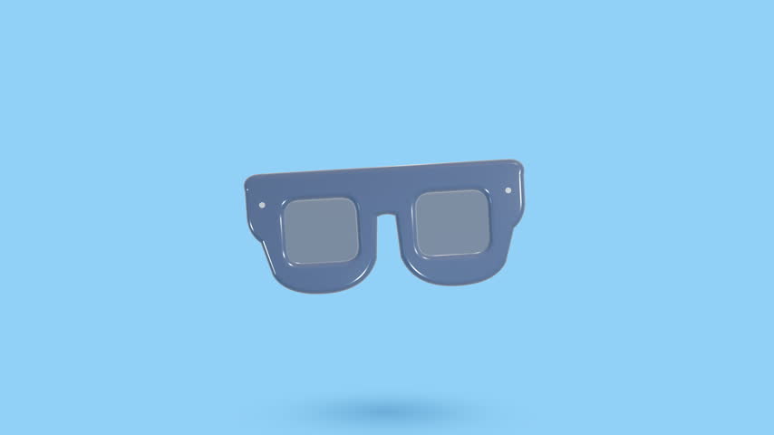 Six pairs of blue sunglasses floating on a solid light blue background