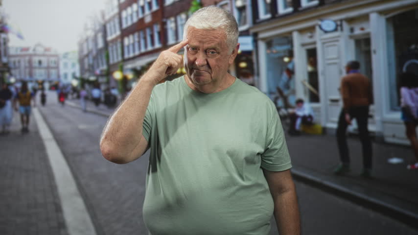 Man points finger to temple on a busy street near storefronts and sidewalk, wearing a green tshirt and standing center frame; thoughtful reflection.