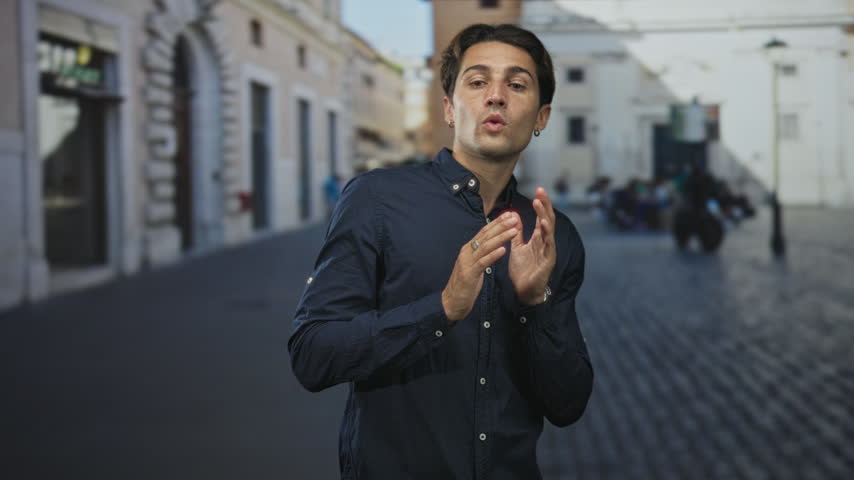 Man with hands pressed together near mouth in a praying gesture on a sunlit cobblestone street with historic buildings and blurred storefronts; contemplation.