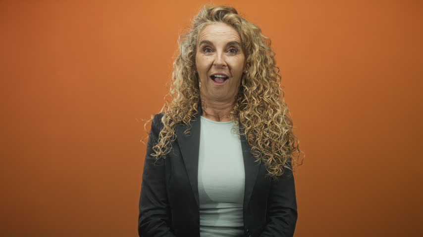 Woman covers mouth with hand in studio, curly blonde hair, light green top and black blazer visible against orange backdrop; surprise warmth.