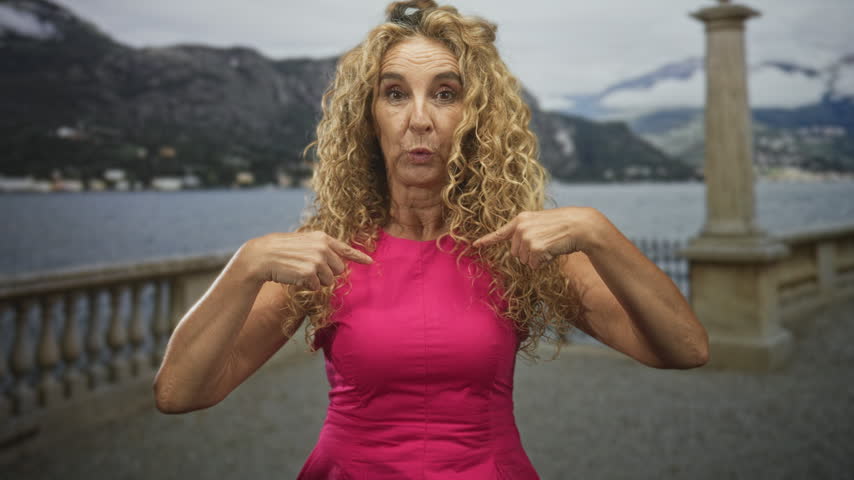 Woman pointing both fingers to her chest in a pink dress at a building terrace by a lake with balustrade; self assertion confident.