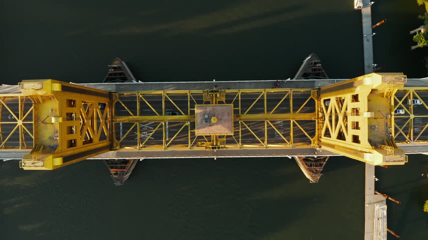 Drone Aerial Top Down Slow Spin of Sacramento Tower Bridge Over Sacramento River - (4K UHD)