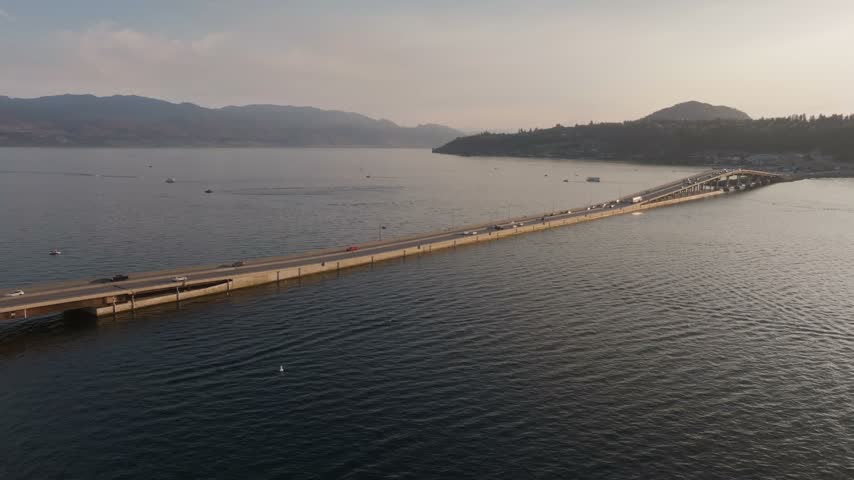 aerial view of Kelowna bridge in the mountains