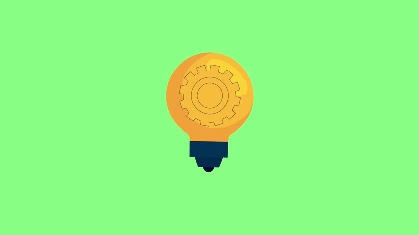 Flat vector animated yellow light bulb featuring an inner rotating gear representing ideas and engineering against a green screen background