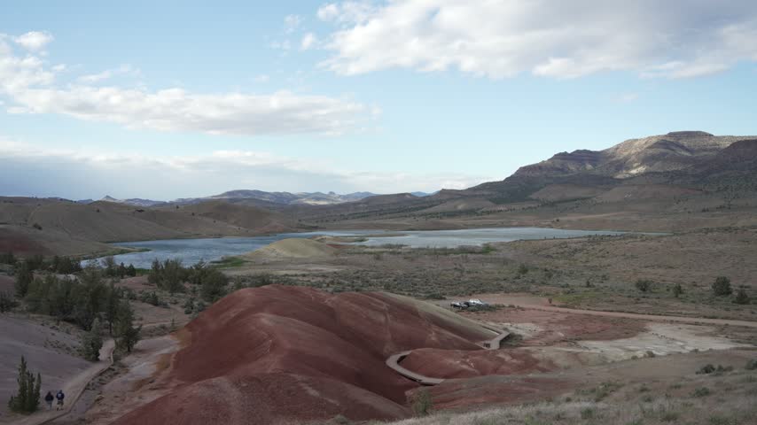 Red clay hills and trail at the Painted Hills in Central Oregon