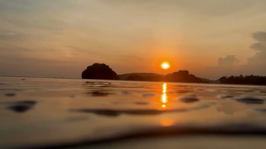 Sunset lights up the horizon with warm colors as the sun descends into the water. Gentle waves create ripples while trees outline the shore. Peaceful nature landscape.