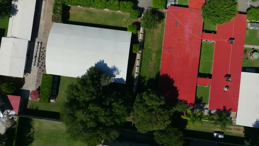 Top down view of Centro Regional de Educacion Santa Rosa showing the primary school, elementary school, kindergarten facilities and soccer field in Ciudad Guzman, Jalisco.