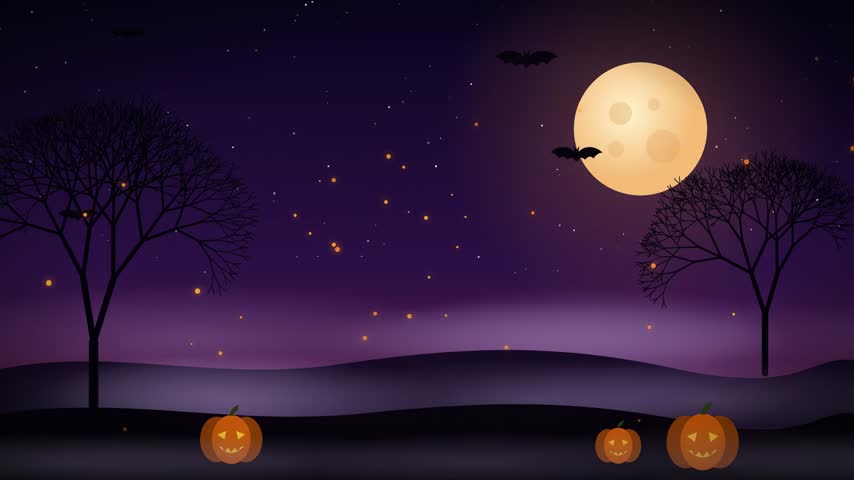 Halloween night background with full moon, bats and glowing pumpkins