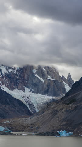 Cerro Torre mountain peak with glacier and icebergs in Los Glaciares National Park, Patagonia, Argentina